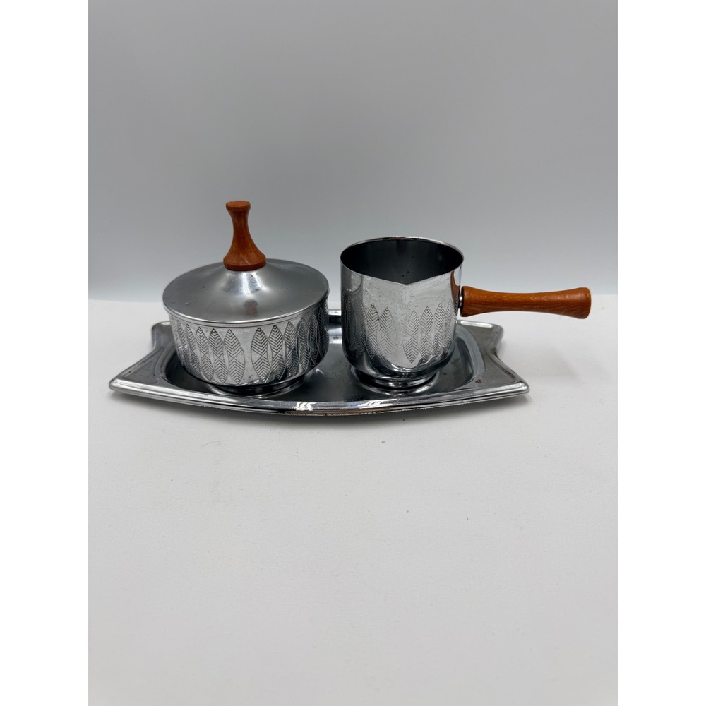 Vintage MCM Cream and Sugar Set Silver Wood Handle Etched Leaf Pattern